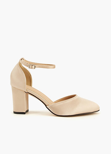 front Escarpins à talons carrés et bout pointu avec bride à la cheville en satin
