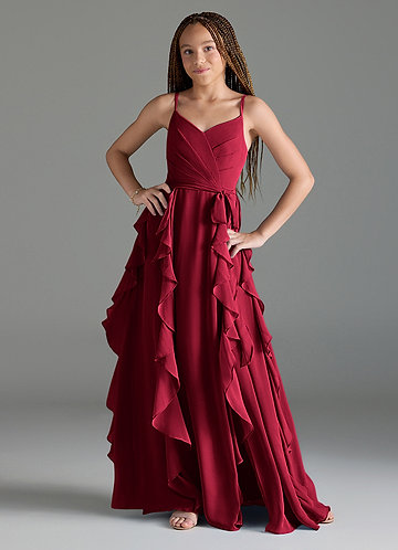 Azazie Peyton Junior Burgundy A-Line V-Neck Cascading Ruffles Chiffon Dress image1