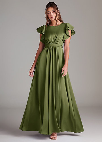 Azazie Daphne Modest Bridesmaid Dresses A-Line Ruched Stretch Satin Floor-Length Dress image1
