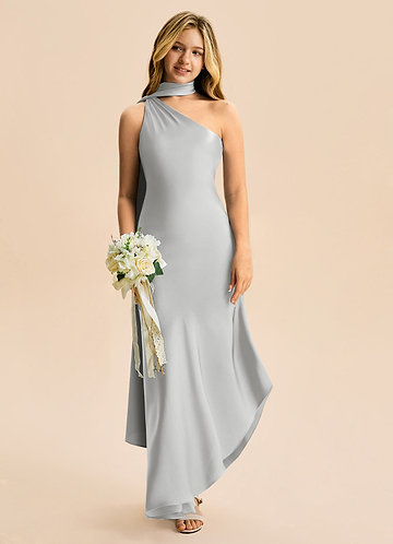 Azazie Briony Junior Vestido Prata de Cetim elástico de Bainha com Plissado image1