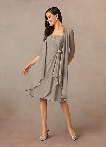 gray mother of the bride dresses knee length Missacc Peacock Mother Of The Bride Dresses Elegant Sheath/Column Illusion Neck 1/2 Sleeves Knee-Length Lace/Chiffon Mother Of The Bride Dresses With