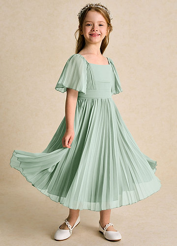 Azazie Gisele Abiti da Ragazza di Fiori Abito A-Line in Chiffon Plissettato Agave image1