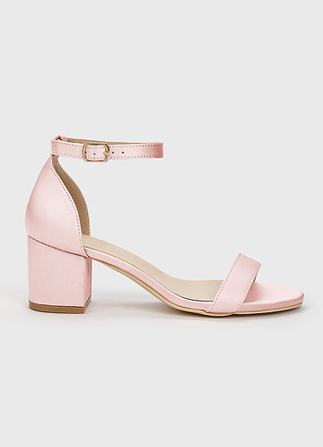 front Matching Color Matte Satin One Strap Buckle Block Low Heel Sandals