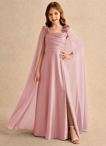 Azazie Rosita Girls Formal Robes de Fillette d'Honneur Robe Trapèze en Satin extensible Plissée Rose Poudré image1