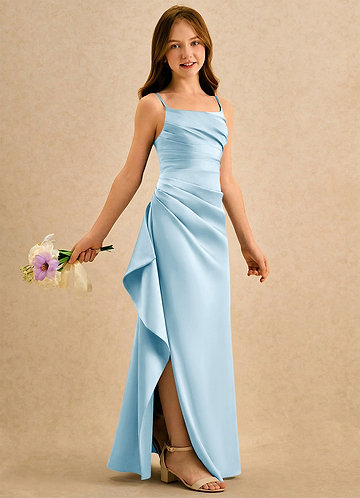 Azazie Cannoli Girls Formal Bloemenmeisjes Jurken A-Lijn Jurk van Mat Satijn Geplooid Hemelsblauw image1