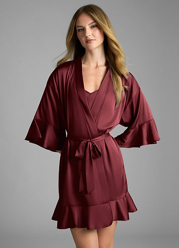 front Burgundy 2-Piece Ruffle Satin Robe and Slip Set
