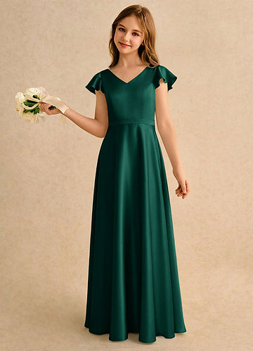 Azazie Nari Girls Formal Robes de Fillette d'Honneur Robe Trapèze en Satin extensible avec manches émeraude image1