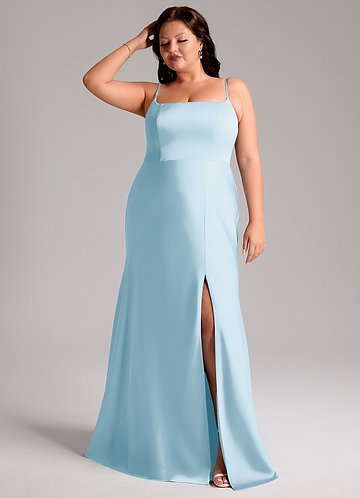 Azazie Lidia Bridesmaid Dresses Sky Blue Mermaid Side Slit Stretch Satin Dress image1