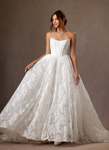 Azazie Demetria Wedding Dresses Diamond White Ball-Gown Strapless Lace Dress image1