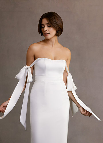 Azazie Loey Wedding Dresses Diamond White Sheath Off the Shoulder Stretch Satin Dress image1