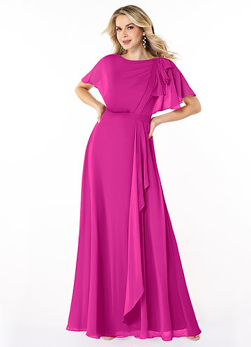 Azazie Aaliyah Modest Bridesmaid Dresses Vestido Linha A Plissado Comprimento do chão Chiffon image1
