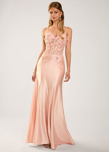 Elarow Rosa Pêssego Vestido de baile de cetim com corpete e aplicações de flores 3D image1