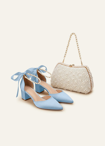 front Matching Color Matte Satin Pearl and Bow Pointed Toe Block Heels & Beaded Clutch Set