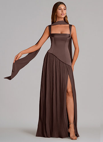 Azazie Stephanie Bridesmaid Dresses Ganache A-Line Pleated Stretch Satin Dress image1