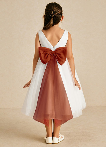 Azazie Kavi Flower Girl Dresses Ivory Paprika A-Line Bow Matte Satin Dress image1