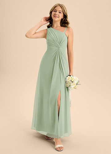 Azazie Brooke Junior Abito A-Line in Chiffon Spacco Laterale Verde Salvia image1