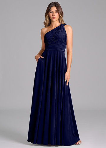 Azazie Charlize Bridesmaid Dresses Dark Navy A-Line One Shoulder Velvet Dress image1