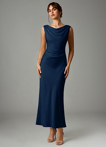 Azazie Square A-Line Midi Dresses in Navy