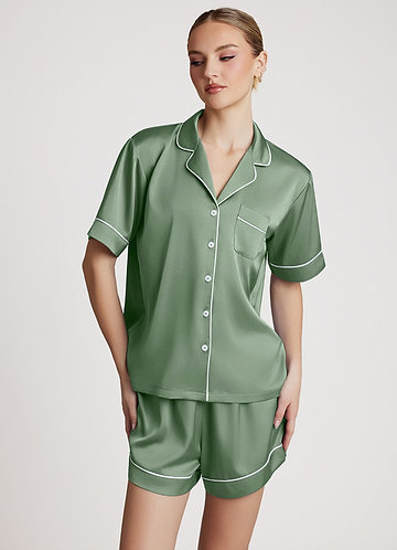 front Matcha Satin Contrast Piping Pajama Set