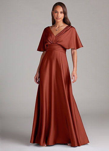 Azazie Pamela Robes Demoiselle d'honneur Robe Trapèze en Satin extensible Plissée Terracotta image1