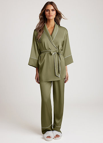 front Pistachio Satin Trim Pajama Set