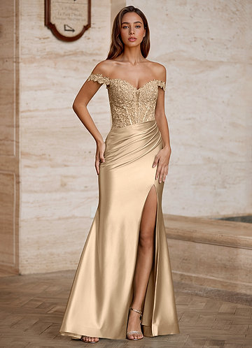 Wrentino Champán Vestido de fiesta de satén con apliques bordados image1