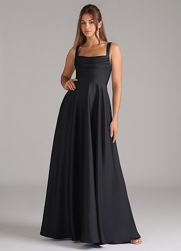 Azazie Shaude Bridesmaid Dresses Black A-Line Pleated Stretch Satin Dress image1