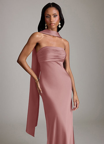 Azazie Saylor Vestidos Dama de Honor Vestido de Rosa Polvorienta de Satén Elástico de Corte Sirena con Sin tirantes image1