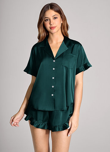 front Matching Color Ruffled Short Sleeve Pajama Set