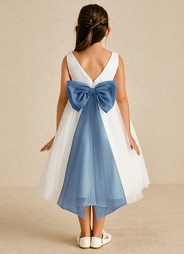 Azazie Kavi Flower Girl Dresses Ivory Steel Blue A-Line Bow Matte Satin Dress image1