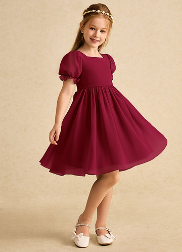 Azazie Jolie Flower Girl Dresses Burgundy A-Line with Sleeves Chiffon Dress image1