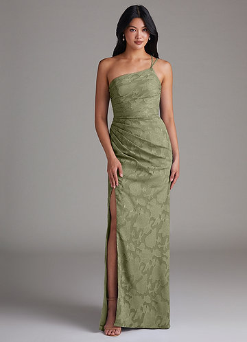 Azazie Eren Bruidsmeisjes Jurken Jurk van Bloemen Burn-out met Kolom One-Shoulder Pistache image1