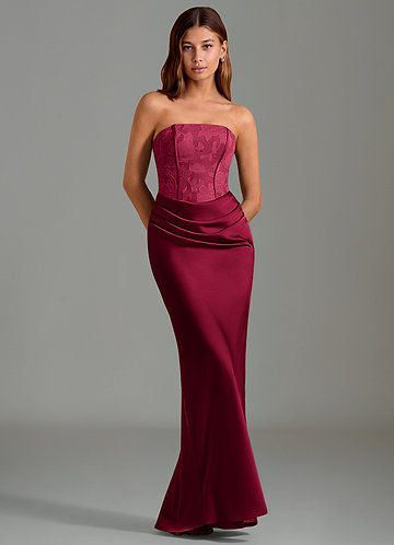 Azazie Emilia Vestidos de dama de honor Vestido de Borgoña de Satén Elástico de Corte Sirena con Sin tirantes image1