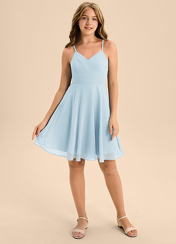 Azazie Avelina Junior Vestido Céu Azul de Chiffon de Linha A com Plissado image1
