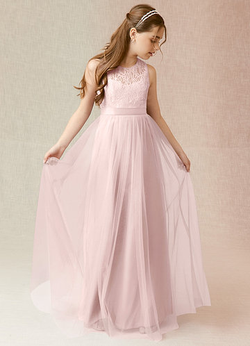 Azazie Georgette Junior A-Linie Spitze Tüll Kleid Zartrosa image1