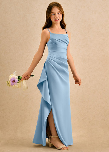 Azazie Cannoli Girls Formal Abiti da Ragazza di Fiori Abito A-Line in Raso Elasticizzato Plissettato Azzurro Polvere image1