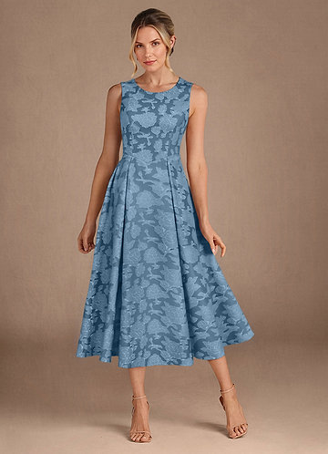 Azazie Fulton Mother of the Brides Dresses Steel Blue A-Line Pleated Floral Burnout Dress image1