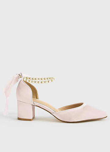 front Matching Color Matte Satin Pearl and Bow Pointed Toe Block Heels