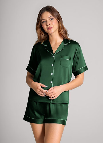 front Matching Color Satin Contrast Piping Pajama Set