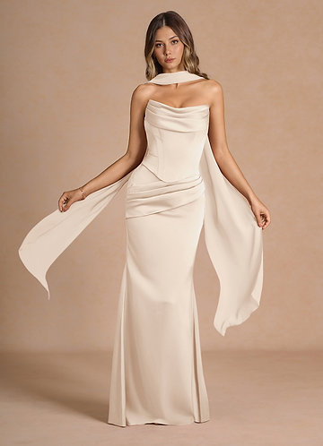 slim fit dress slacks Odette Cream Long Sleeve Formal Maxi Dress main image 0