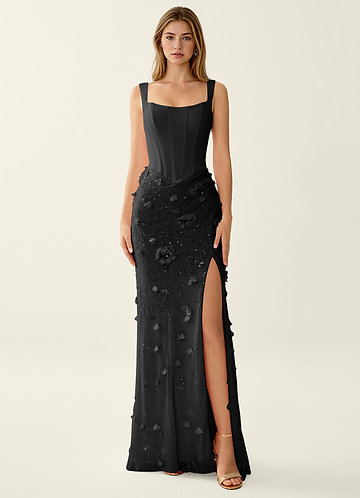 Belinda Negro Vestido de fiesta de sirena con corsé y espalda con cordones y flores 3D image1