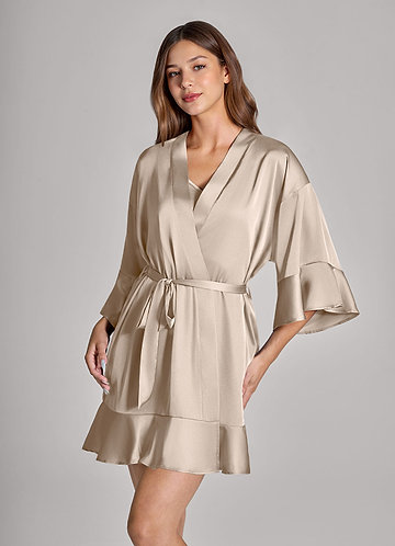 front Matching Color 2-Piece Ruffle Satin Robe and Slip Set