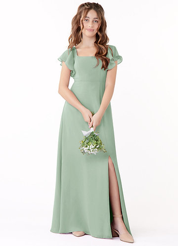 Azazie Bondi Junior Agave A-Line Bow Chiffon Dress image1
