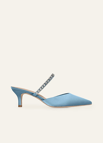 front Passende Kitten Heels aus Stretch-Satin mit Strasssteinen in verschiedenen Farben zum Hineinschlüpfen
