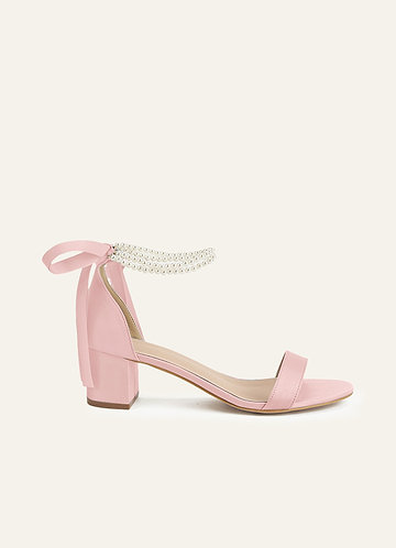 front Matching Color Matte Satin Pearl and Bow Open Toe Chunky Heel Sandals