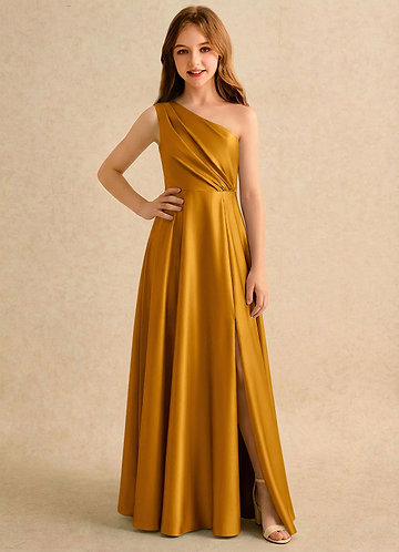 Azazie Puddles Girls Formal Klänningar för brudeflicka Klä A-Line i Stretch Satin Ena axeln image1