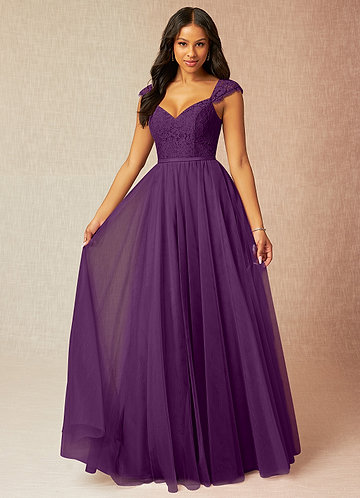 dark purple tulle dress A-Line V-Neck Burgundy Tulle Beaded Prom Dress with Ruffles PG881 US6 / Purple
