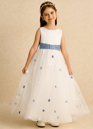 Azazie Cricket Vestidos de Niña de Flores Vestido de Marfil Azul Polvoriento de Satin Mate de Corte Princesa con Plisado image1