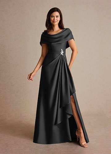 Azazie Branford Mother of the Brides Dresses Black A-Line Pleated Stretch Satin Dress image1