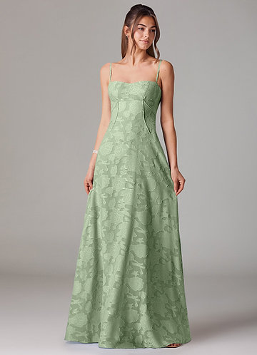 Azazie Valentine Bridesmaid Dresses Vestido Dusty Sage de Esgotamento Floral de Linha A com Decote em coração image1